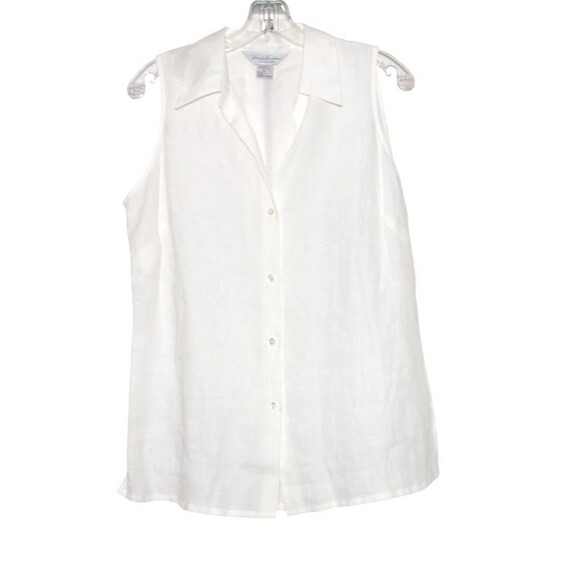 Brooks Brothers Irish Linen Blouse White V-Neck Sleeeless Button Front Sz Large - Picture 2 of 5